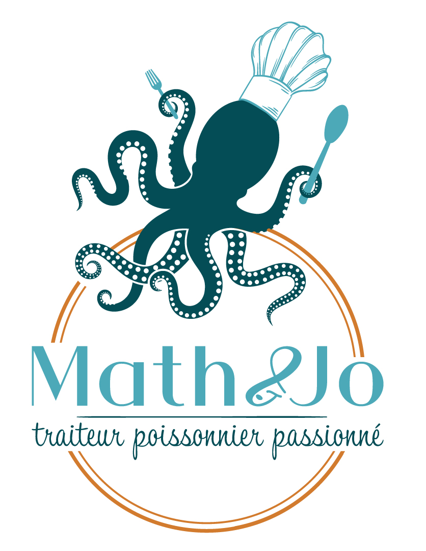 math et jo traiteur logo avec un poulpe et poisson logo du traiteur de la mer teyran